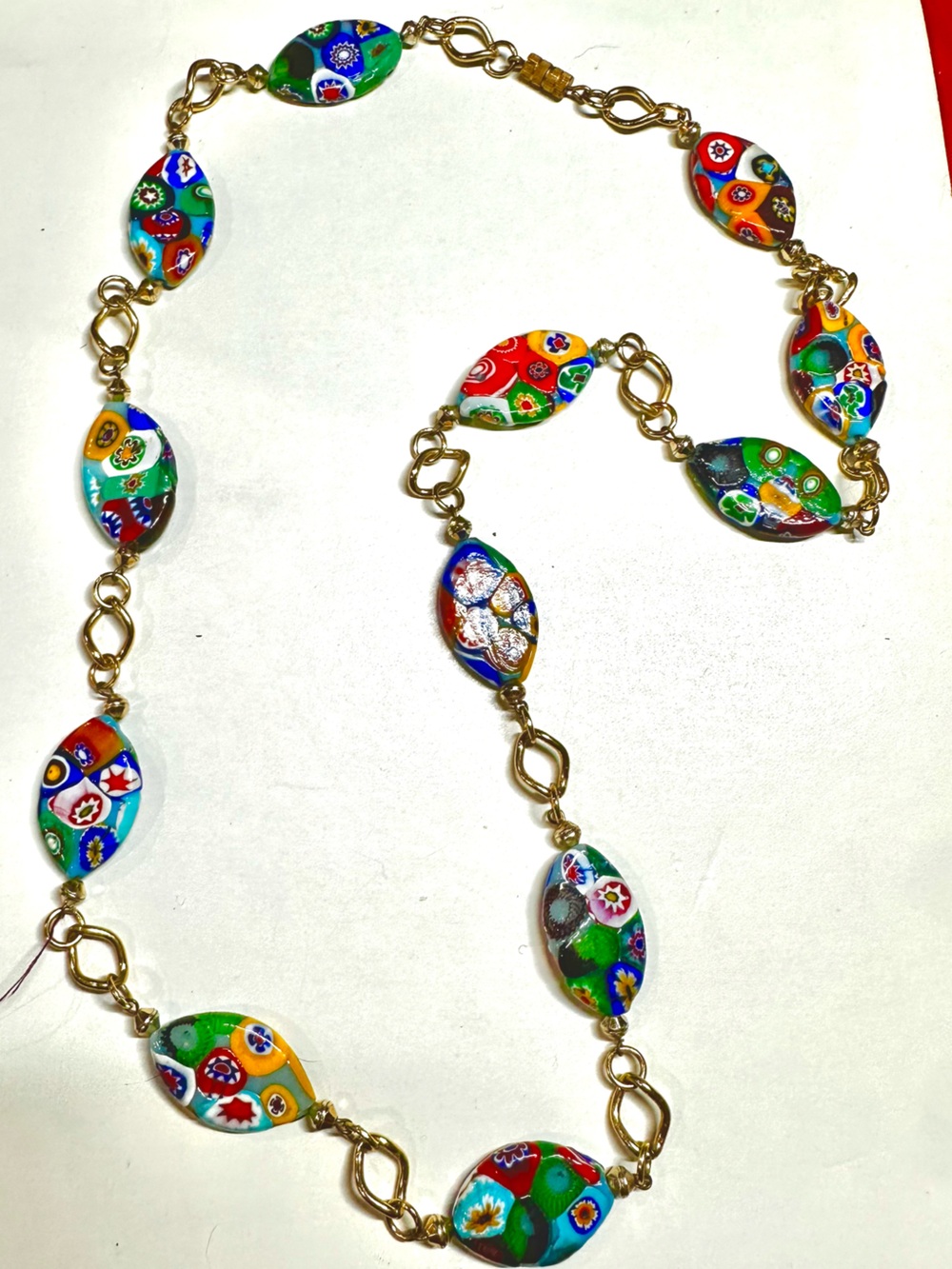 Vintage Italian Murano Millefiori Glass Bead Station Necklace Gold Link Barrel C